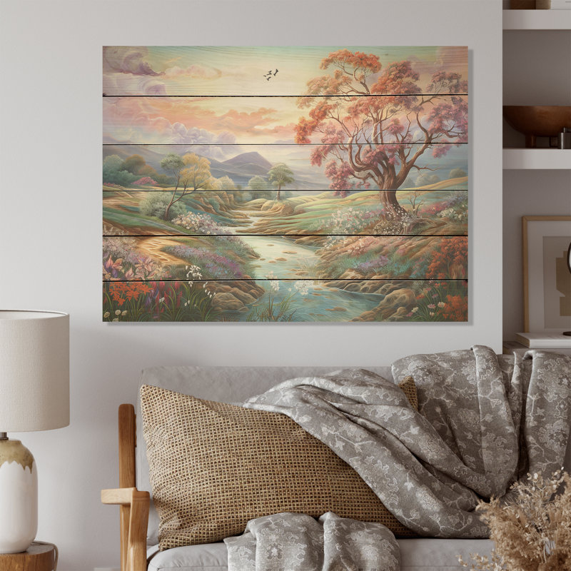 Paysage de campagne de Provence, art mural sur bois de pin naturel, H 30 po x l 40 po