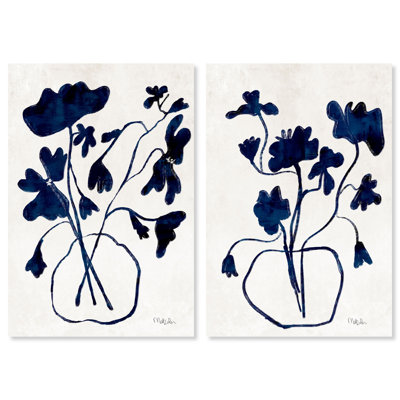 Ensemble de vases anémones, bouquet de fleurs abstrait bleu moderne - 2 pièces sur toile tendue