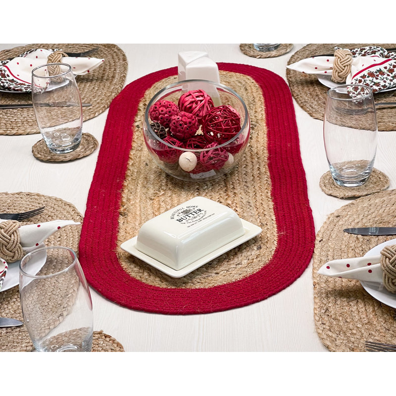 VERONA JUTE BORDER ROUND TABLE RUNNER, Natural/Red, 13" x 36"