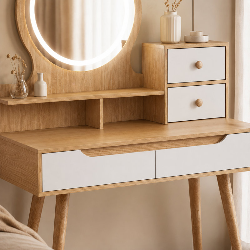 Ensemble de coiffeuse avec miroir réglable lumineux 3 modes, coiffeuse en bois massif avec 4 tiroirs et 3 tablettes ouvertes pour les petites pièces