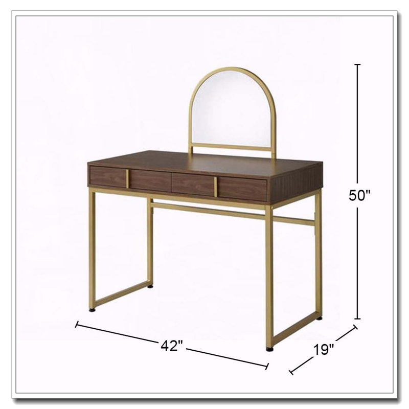Bureau de coiffeuse 2 tiroirs avec miroir et plateau à bijoux, noyer et or