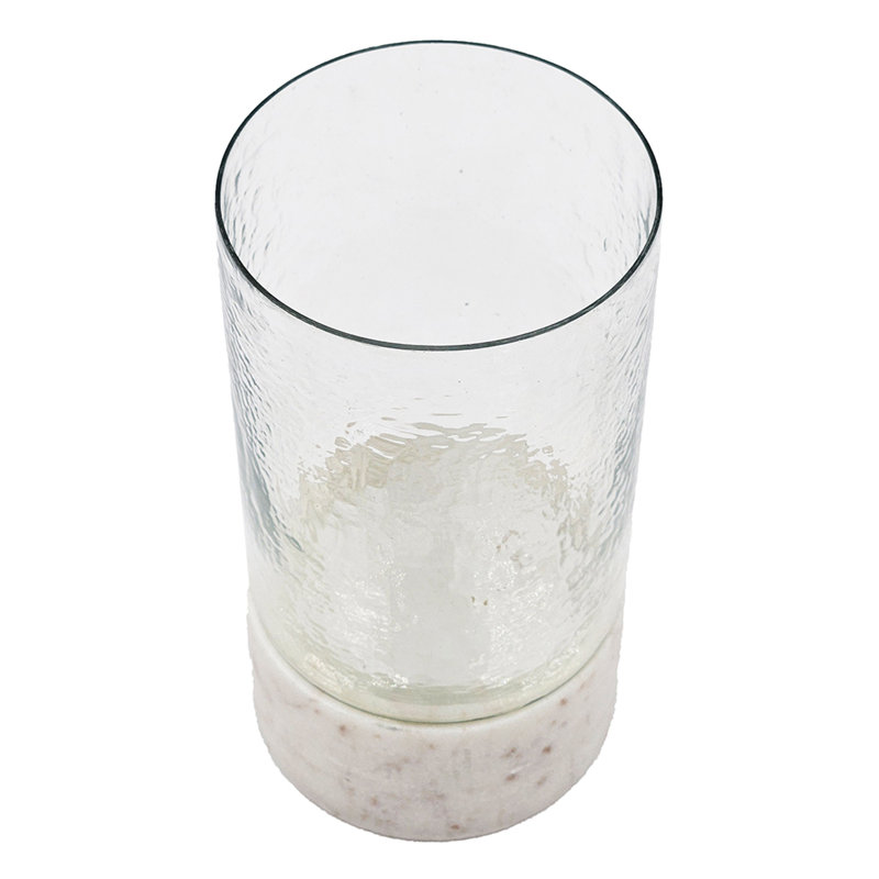 Candle Holder With Textured Glass Shade, White Coastal Stone Base, 8 Inch
