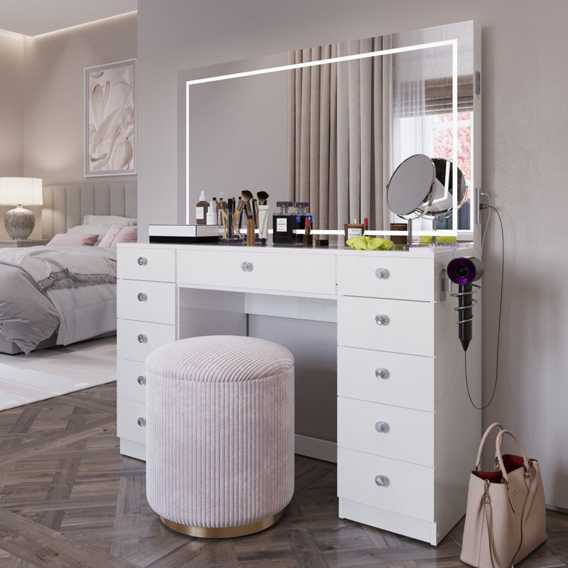 Amelia Premium Vanity Table With Bluetooth Speakers And 11 Spacious Drawers, White