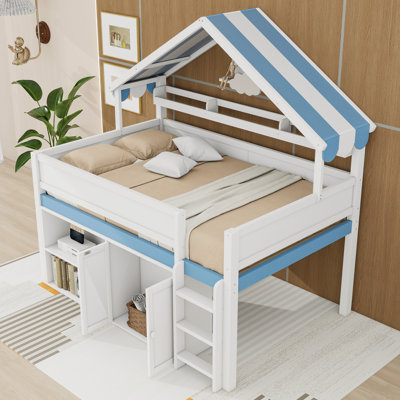 Wooden Frame Loft Bed With Cabinets And Shelves