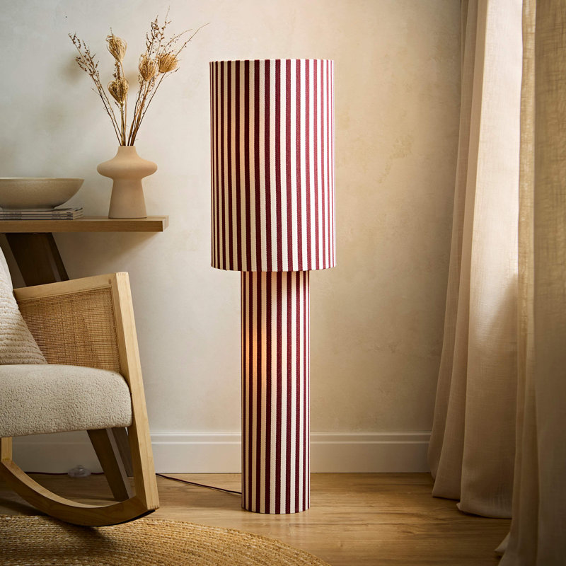 Florence Burgundy Pinstripe Linen Midi Floor Lamp, Burgundy, With Bulb