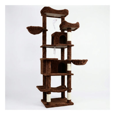 68-Inch Tall Multi-Level Cat Tree with Hammocks, Hanging Basket, and Cave - Brown Plush Freestanding Tower for Indoor Cats