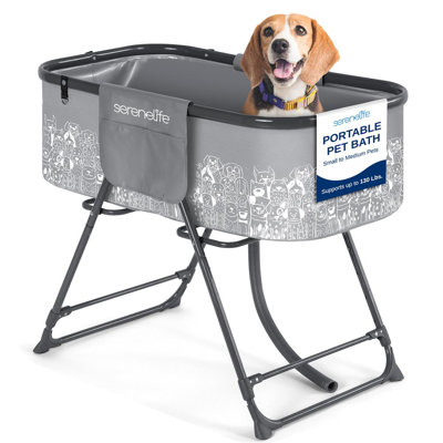 Portable Dog Bath Tub with Two Side Pockets and Built-in Drain System -  Includes Three-Point Leash Restraint (Grey + Black)