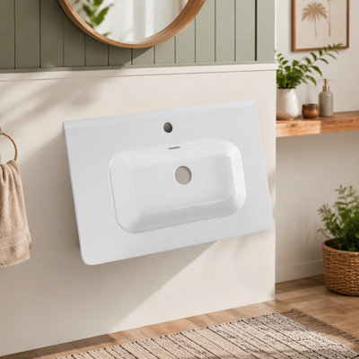 Vasque en céramique intégrée, blanche, BB04-30-301, bonde non incluse, pour salle de bain ou cuisine