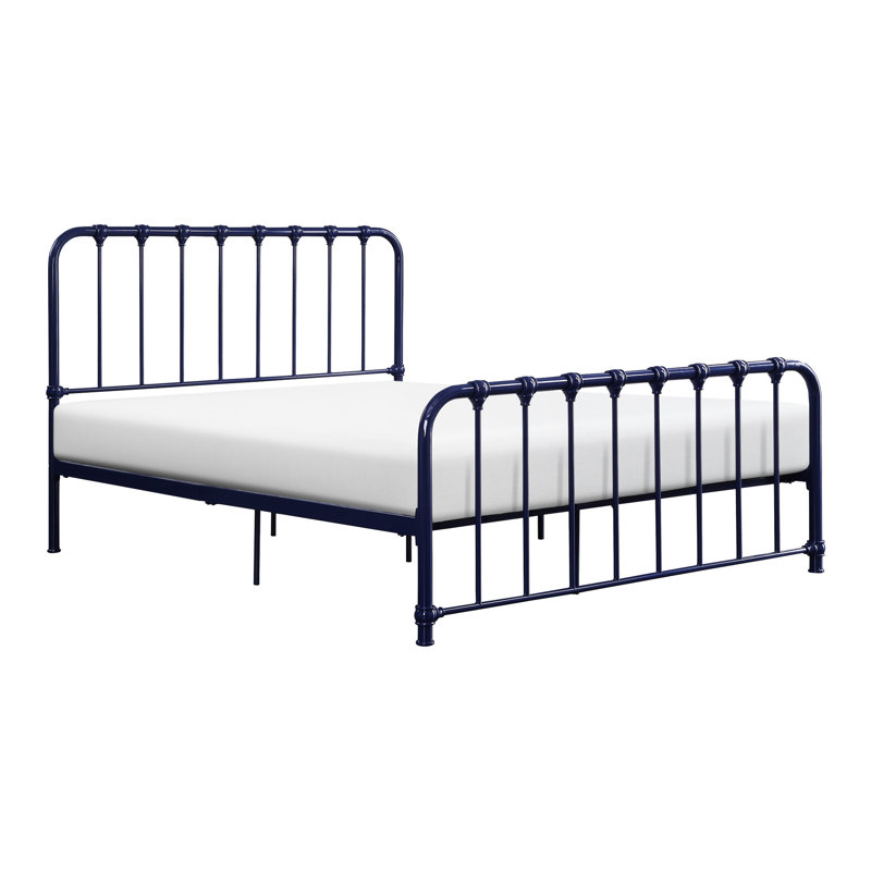 Metal Blue Bedroom Bed, Queen Size, No Box Spring, Classic Lines Bed Frame, Opulence, Spring Needed, Blue, Queen