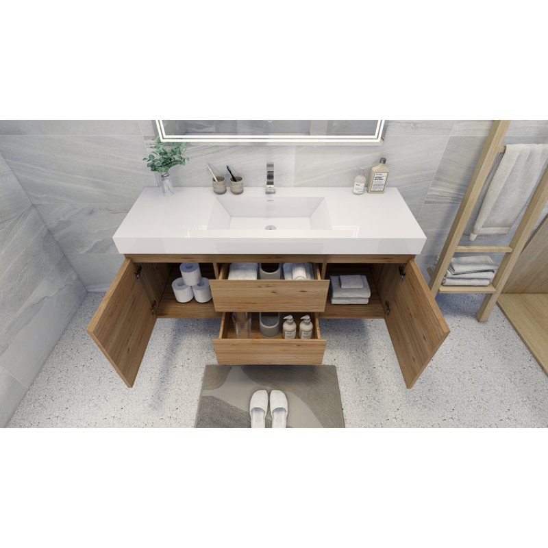 Mitul 58.75'' Single Bathroom Vanity with Acrylic Top, Natural Oak