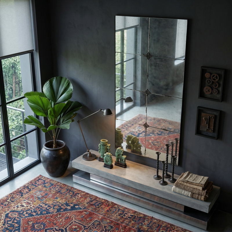 Miroir antique à panneau rectangulaire avec détails floraux, noir