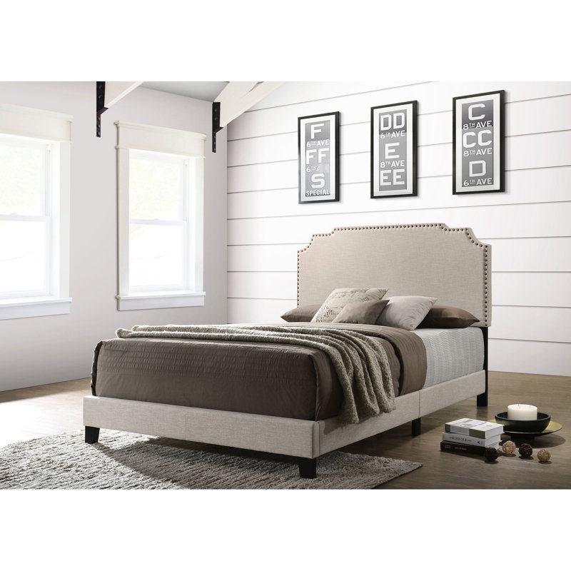 Eastern King Panel Bed Upholstered In Copper Beige, Softly Wrapped Fabric And With Structured Headboard Beige Classic Design Box Spring For Added Support