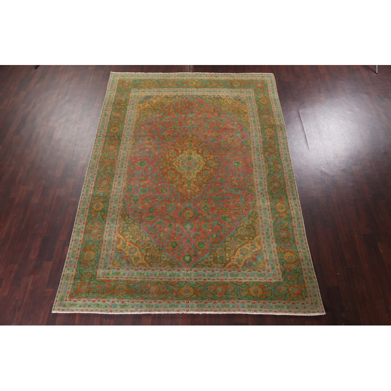 Tapis rose en laine noué à la main de conception unique 7 pi 10 po x 11 pi 2 po Feumore