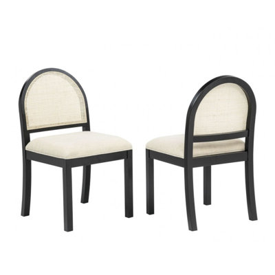 Set of 2 Dining Chair, Upholstered Side Chair with Natural Woven Rattan Back and Solid Wood Legs, Black