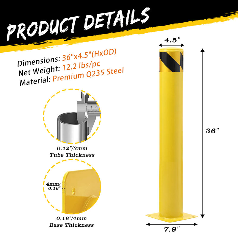 Safety Bollard Post, 36" H x 7.9" W x 7.9" D