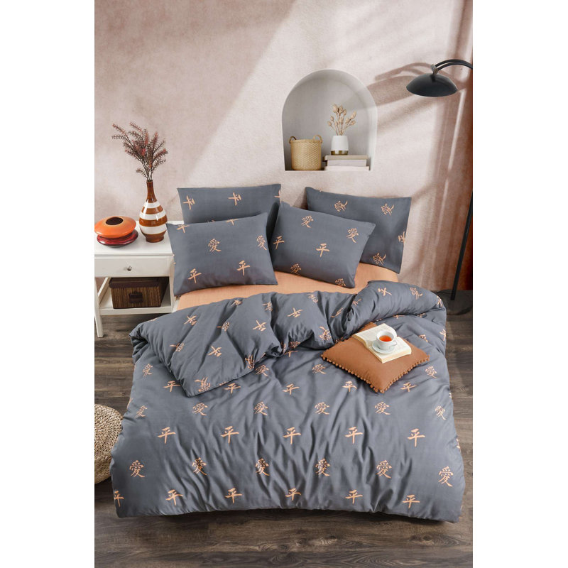 Luxury Quilt Cover Set (3 Pieces), Anthracite & Orange, 94.5 x 86.6 inches | 80% Cotton / 20% Polyester, Machine Washable, 120 Thread Count | Stylish Pigment Printing, Elegant Design with Button Closure