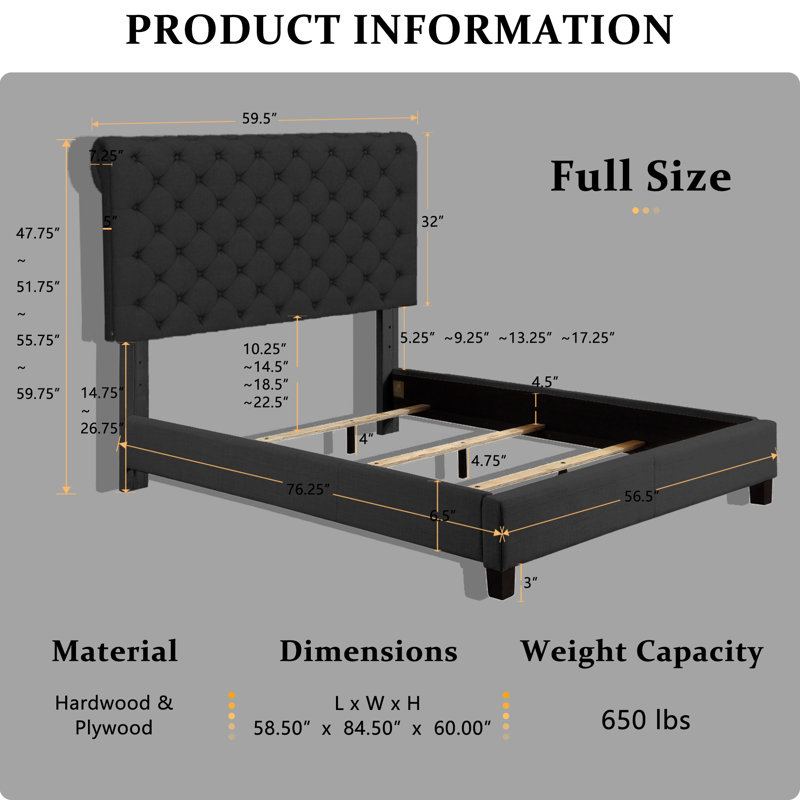 Winston Porter Fabric Upholstered Bed Frame with Adjustable Headboard, Full, Black