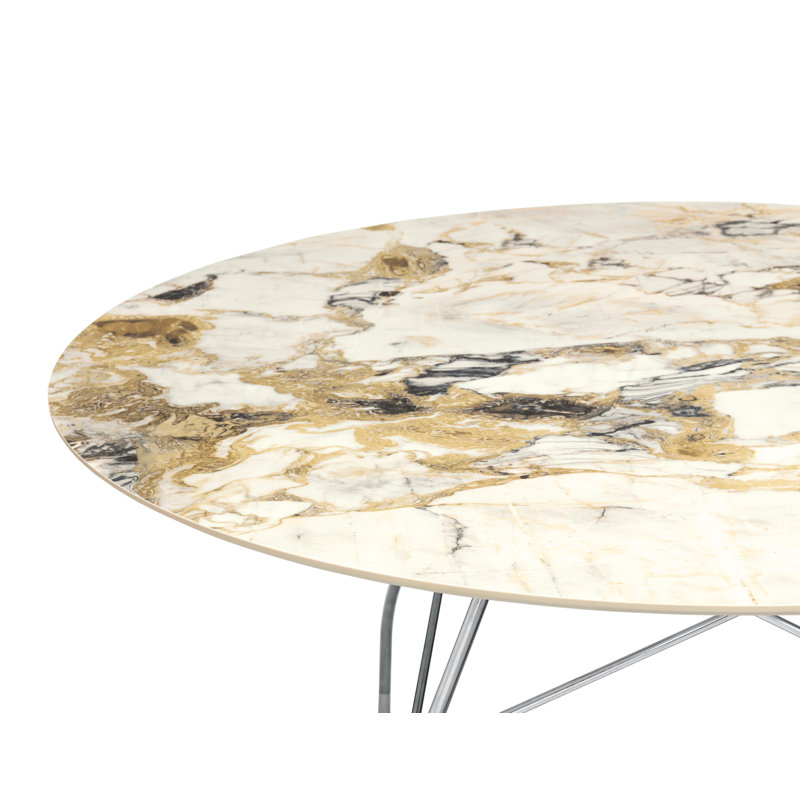 Glossy Round Dining Table, 50.39" W x 50.39" L, Chrome, Symphonie Marble