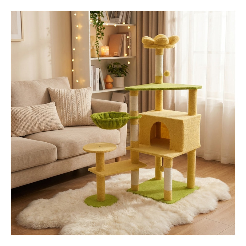 Arbre à chat fleur avec grand coussin de coussin amovible et hamac jaune