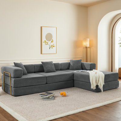 Compression Modular Corduroy Sectional Sofa with Reversible Chaise, 5-in-1 Convertible Sleeper, No Assembly, Converts to King Bed