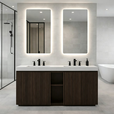  Meuble-lavabo double autoportant de 60 po avec lavabo à quartz blanc intégré, armoire de rangement en bois cannelé Adria, brun noyer / fumé / chêne clair Adria