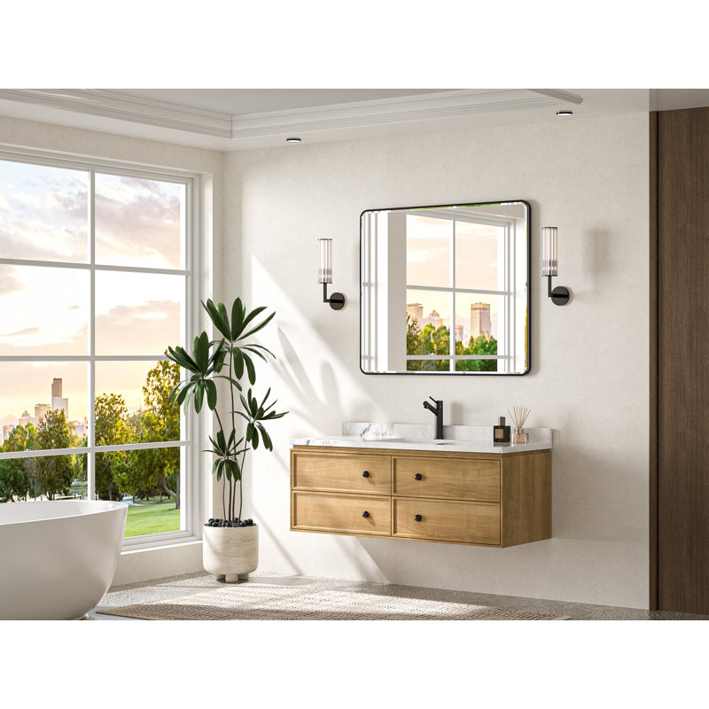 Miroir de salle de bain biseauté avec cadre en aluminium, miroir décoratif mural, verre trempé, 42 po x 36 po, Noir mat