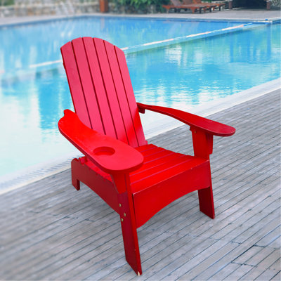 Chaise en bois massif rouge avec accoudoirs et trou pour parasol rouge
