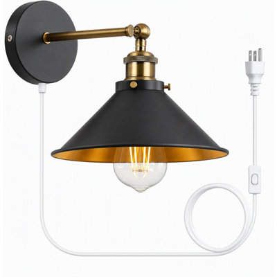 Industrial Vintage Plug-In Wall Sconce, Adjustable Head Metal Cone Shade with On/Off Switch, E26 Socket