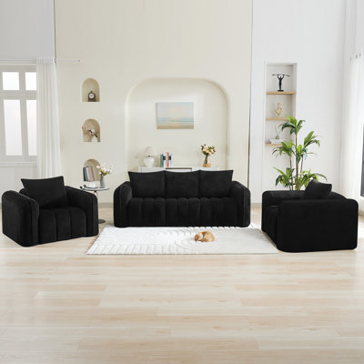 Corduroy Boneless Living Room Sets, Modern Upholstered 3 Seater Sofa with 2 Signle Accent Chairs, Comfy Deep Seat Cloud Sofa Couch Sets for Living Roo by Mercer41