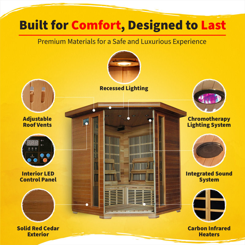 Sauna infrarouge d'angle en cèdre HEATWAVE Whistler pour 4 personnes, idéal pour la détente à domicile – Sauna intérieur avec 10 radiateurs au charbon, éclairage de chromothérapie, ioniseur d'oxygène et système audio stéréo intégré.