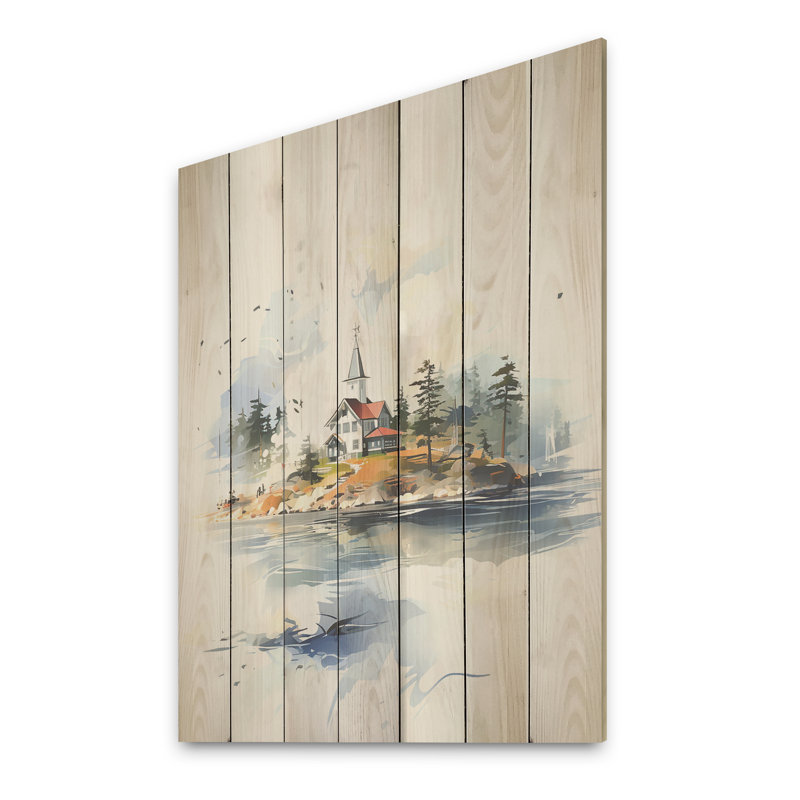 La foi à  l'église au bord du lac - Impression sur bois, H 20 po x l 10 po