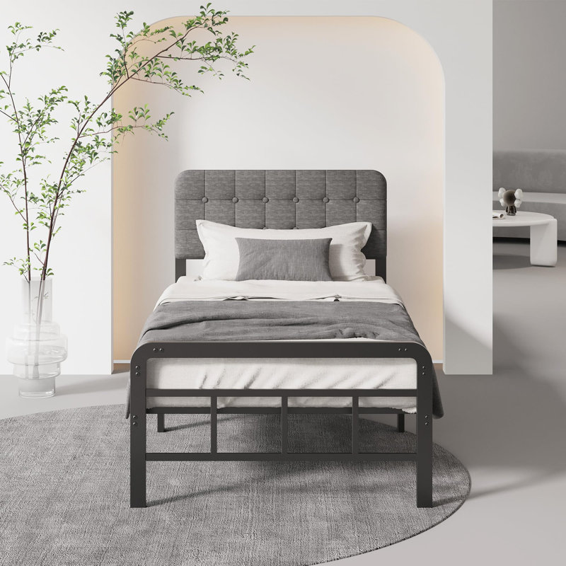 12 Inch Bed Frame with Upholstered Headboard and Metal Footboard, Twin XL, Gray