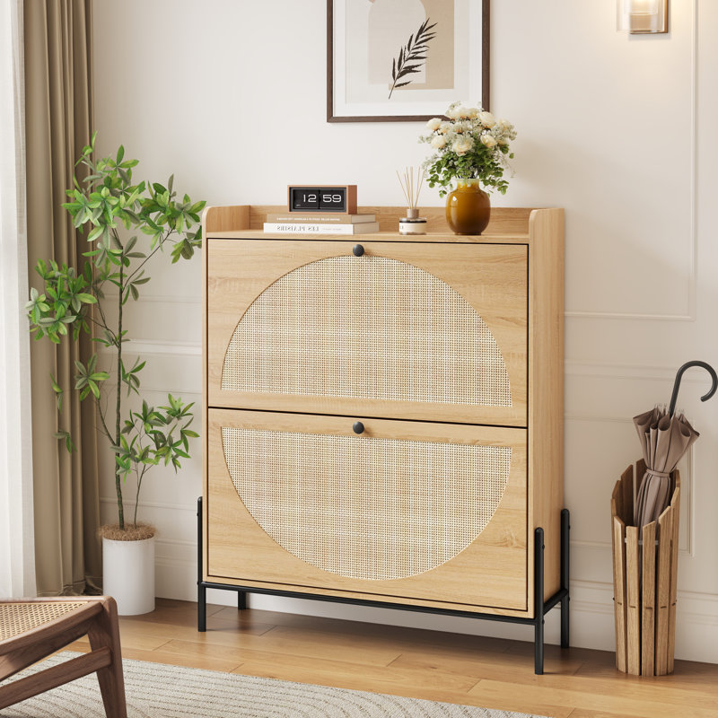 Narrow Walnut Wooden Shoe Cabinet With Rattan Doors - Freestanding Entryway Storage Organizer | Gift Idea, Bouguer Walnut