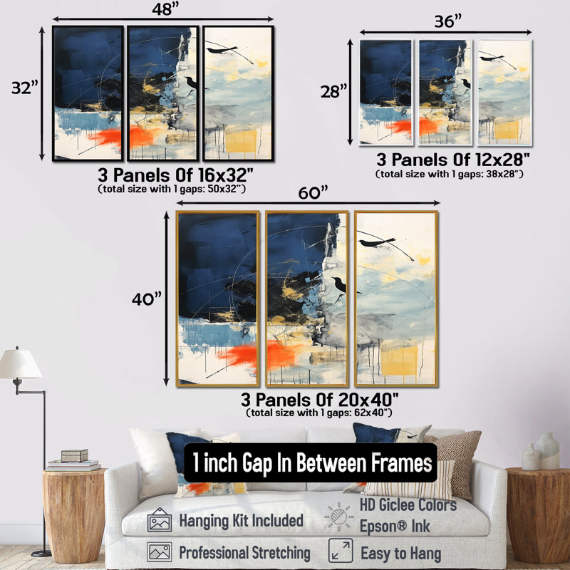 Deux oiseaux dans des tons de bleu - ensemble d'art mural abstrait paysage, Cadre flottant noir, H 40 po x l 60 po x P 1 po