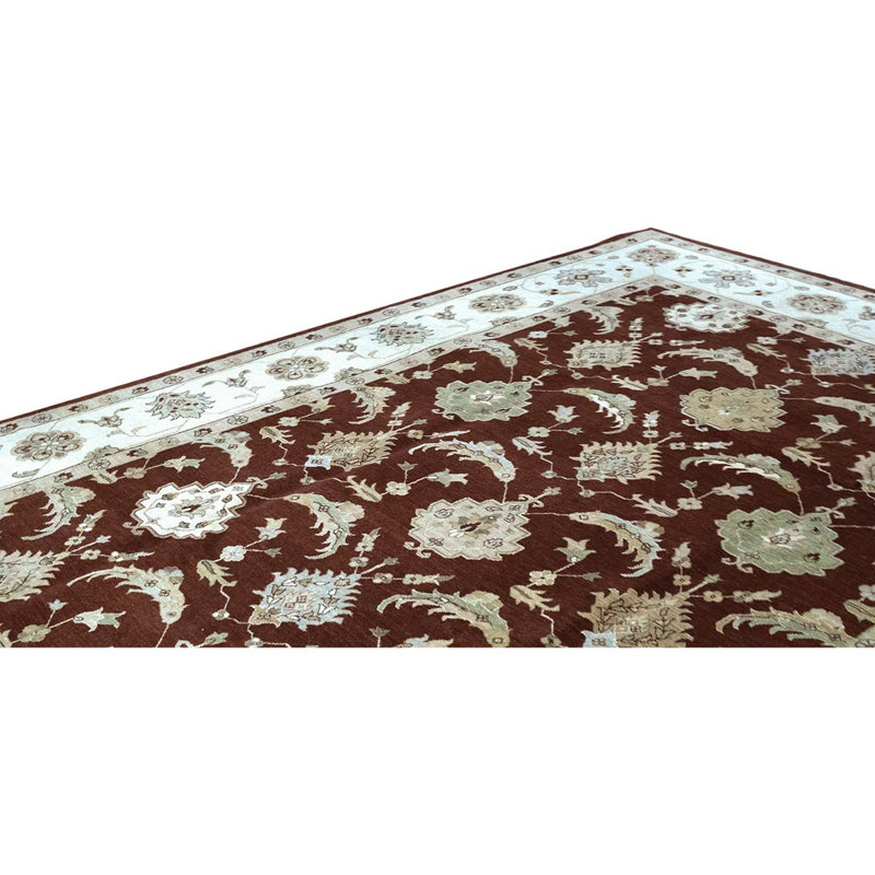 Tapis rouge / ivoire / brun en laine noué à la main de conception unique 9 pi x 12 pi 5 po