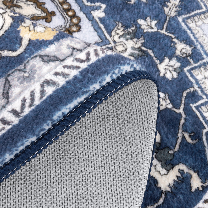Tapis oriental antidérapant à motif oriental lavable, Bleu