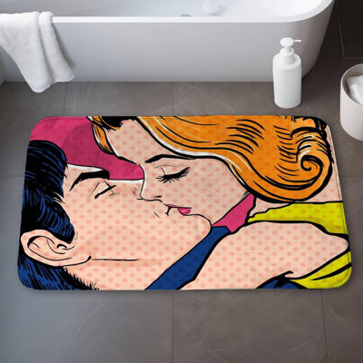Pop art style couple Bath Mat with Non-Slip Backing - Quick Dry Memory Foam Bathroom Rug - Absorbent - Modern Plush Spa-Style - Machine Washable