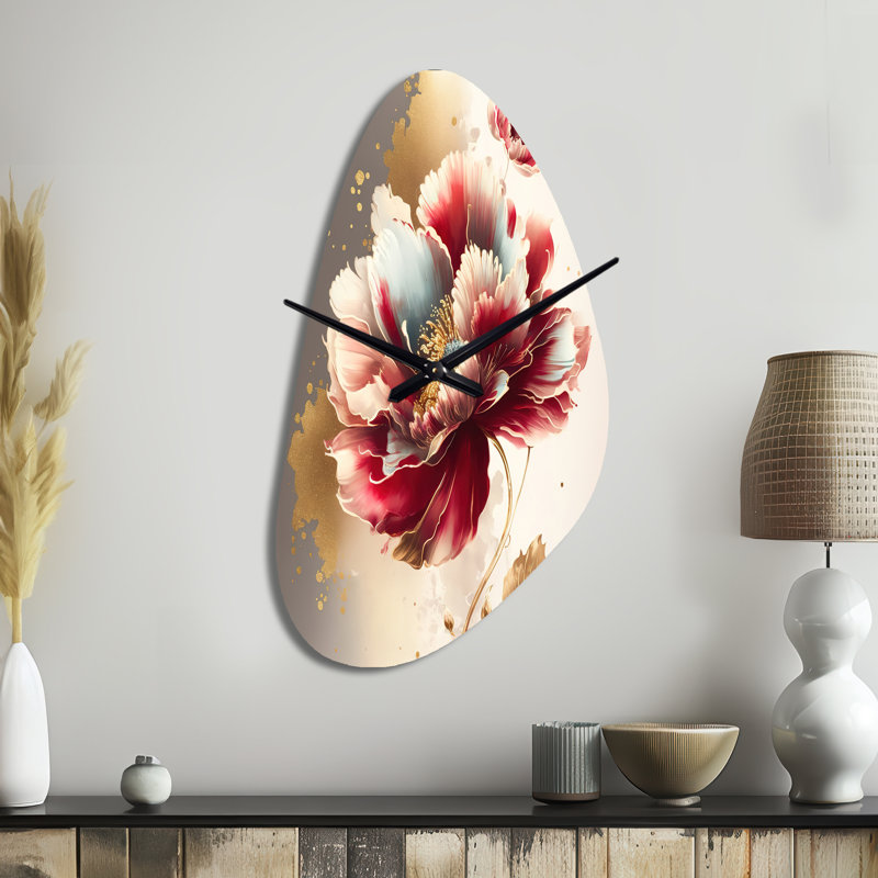 Hamber - motif floral rouge audacieux II - horloge florale en métal de forme unique, horloge murale rouge, Moyenne
