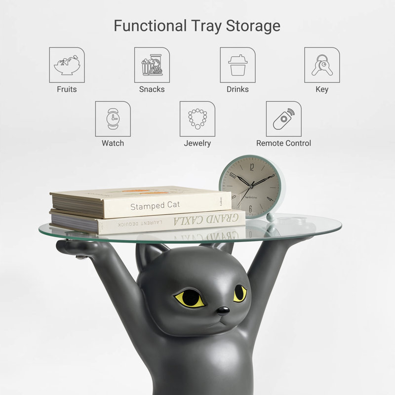 23''H Enchanting Cute Cat Side Table, Black