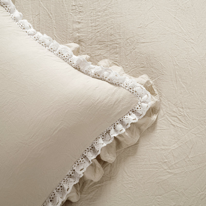 Ella Shabby Elegance Ruffle Lace Microfiber Comforter Set, King Comforter + 2 King Shams, Neutral
