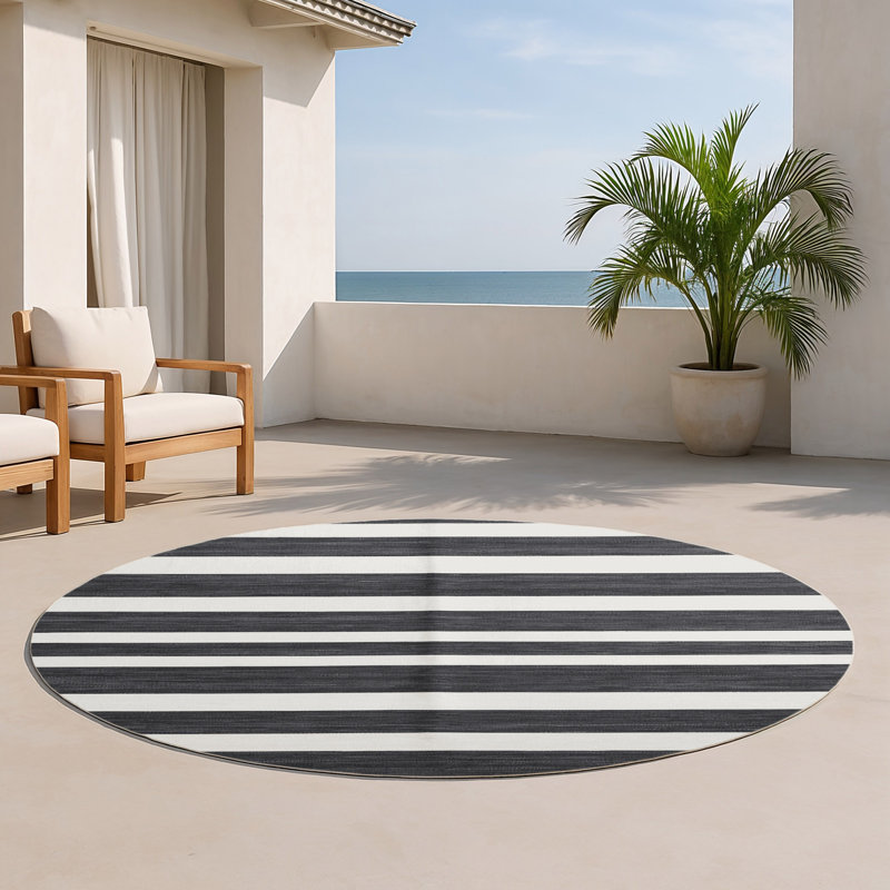 Tapis intérieur / extérieur gris HorizontalStripes, Rond 5 pi