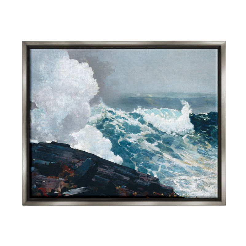 Vagues de l'océan et falaises, Cadre flottant gris lustré, H 25 po x l 31 po x P 1,7 po