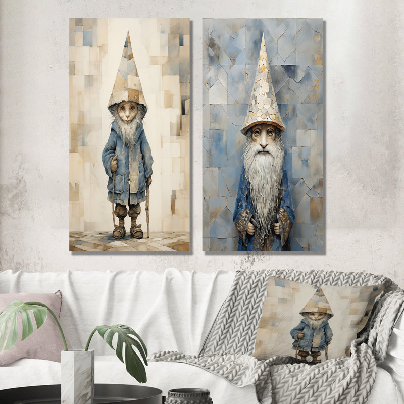 Fantaisie, portrait de gnome beige et bleu - ensemble de 2 impressions de gnome sur métal, H 28 po x l 24 po