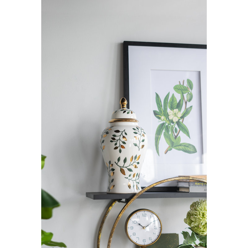 Ginger Jar - Green/Gold/White, 15.9" H x 8.1" W x 8.1" D