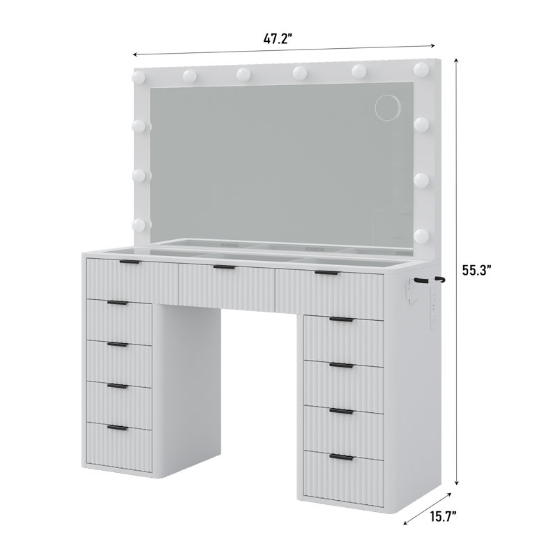 Vanity Desk with Power Outlet, Fluted Makeup Vanity with Lights Mirror, 3 Lighting Modes Adjustable, 11 Drawers Vanity Set, Makeup Table with Glass Top, Vanity Table with Chair