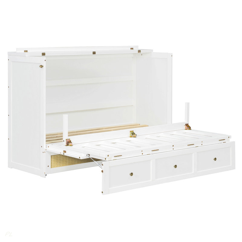 Grand lit escamotable avec grands tiroirs, White, Queen