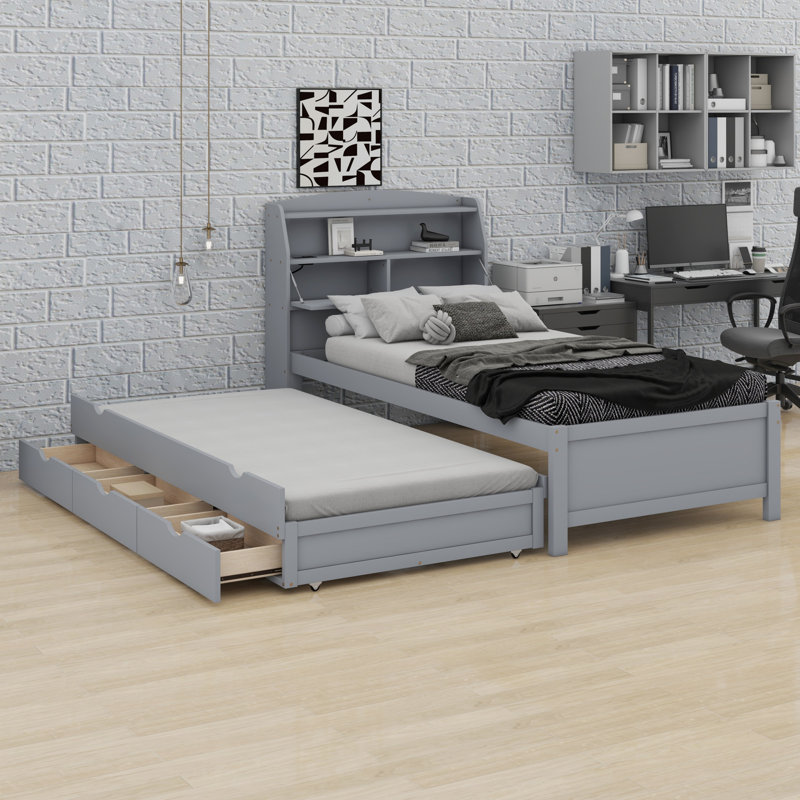 Lit plateforme en bois avec lit gigogne et tête de lit à DEL avec tiroirs, Gris, Lit simple