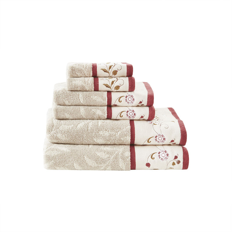 Ensemble 6 serviettes de bain en jacquard de coton brodé, Rouge
