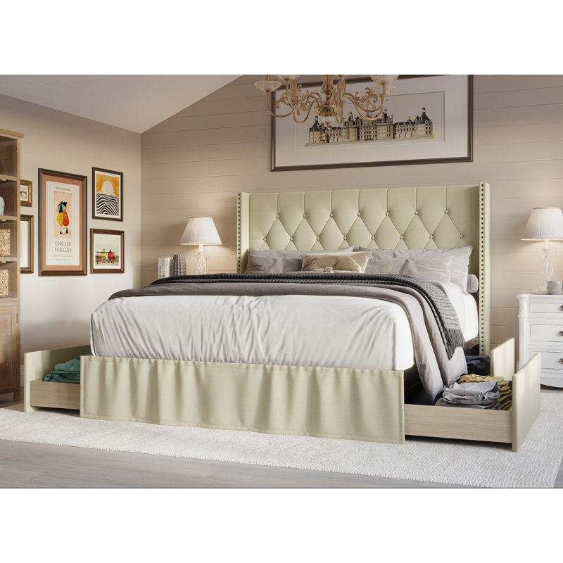 Javionte Upholstered Wingback Storage Bed, Full, Beige