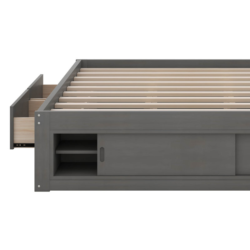 Queen Size Platform Bed Frame With 4 Drawers And Footboard Storage Cubby, No Headboard, Antique Gray